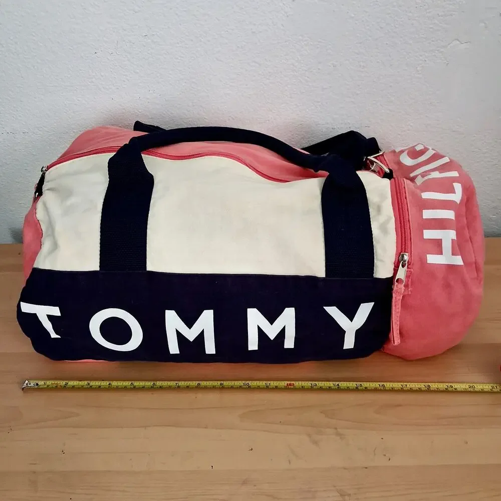 Vintage Tommy Hilfiger Duffle Bag Strap Spell Out Canvas Travel Zipper Pockets
